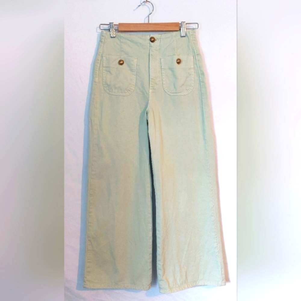 Size 2 Zara Wide Leg Mint Green Ankle Trousers With Brass Buttons